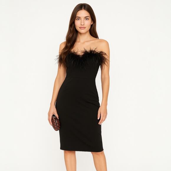 LPA Aurora Black Strapless Feather Trim Formal Cocktail Sleeveless Mini Dress S - Picture 1 of 8